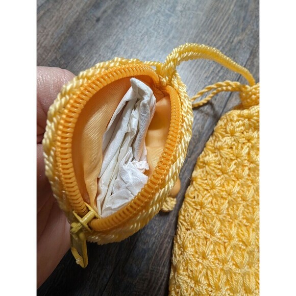 Vintage Drawstring Crochet Purse, Yellow Bohemian Shoulder Bag - Picture 7 of 10